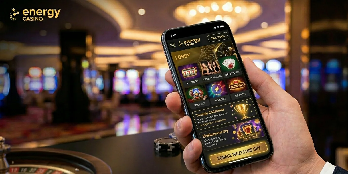 Lobby gier Energy Casino na telefonie z kategoriami live casino