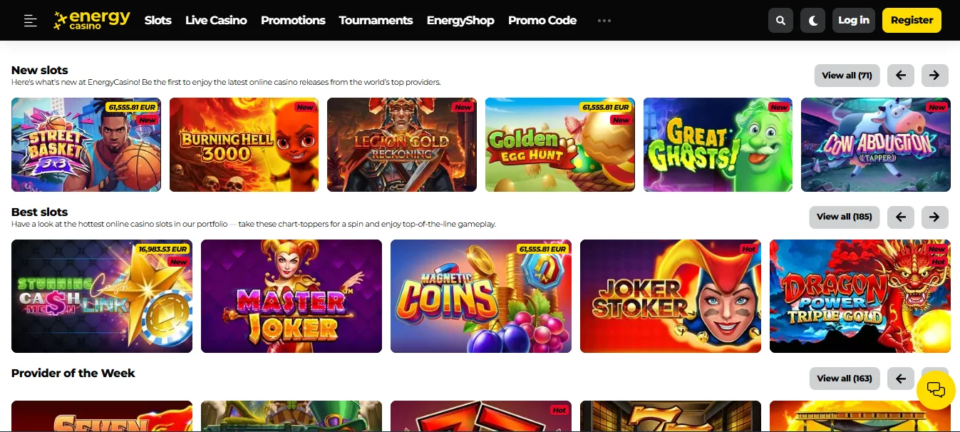 Lobby gier Energy Casino z kategoriami slotów i live casino