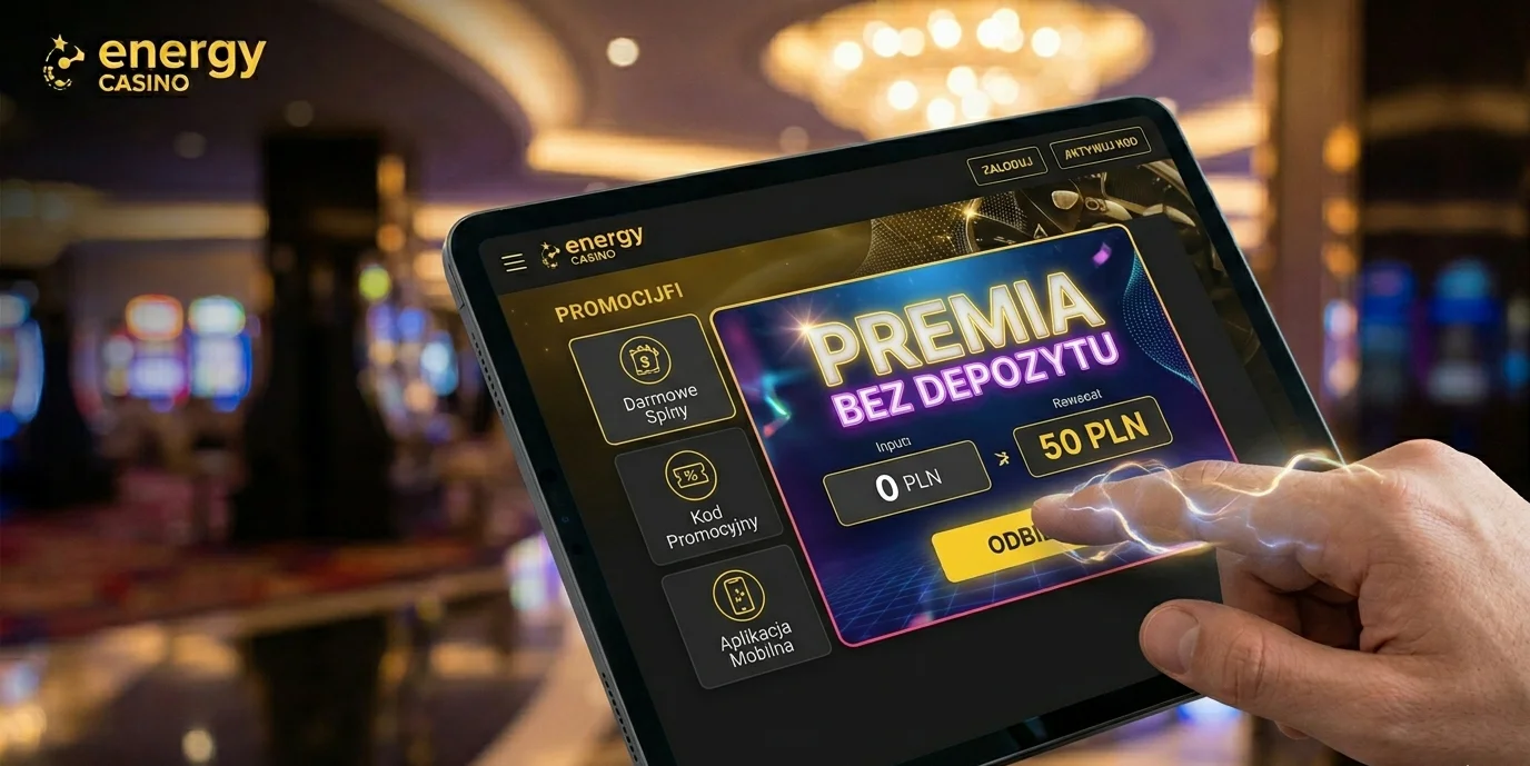 Bonus bez depozytu Energy Casino na ekranie tabletu z 50 PLN