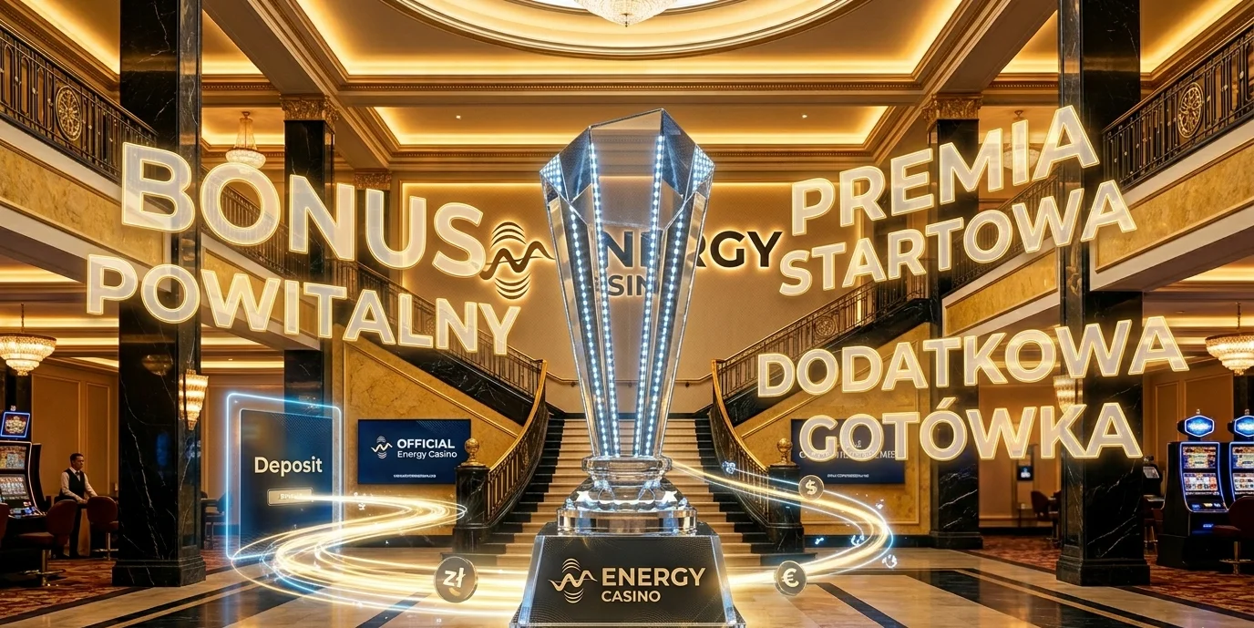 Banner bonusu powitalnego Energy Casino z kryształowym trofeum