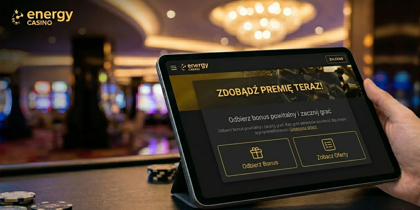 Ekran odbioru bonusu powitalnego Energy Casino na tablecie